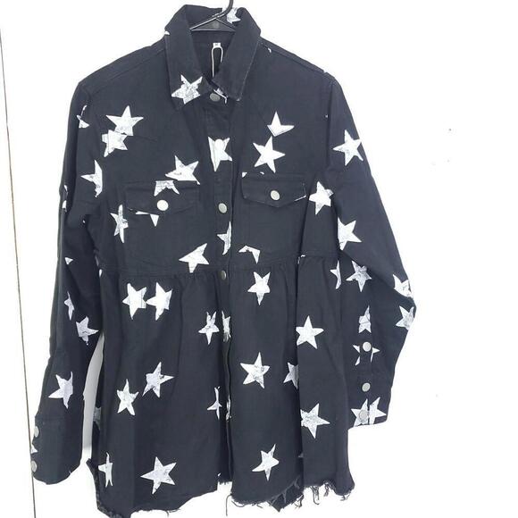Tops - Womens Top M Shacket Button Down Peplum Star Print Raw Hem Western New Dallas